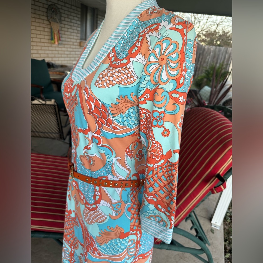 J Mclaughlin Colorful Orange and Blue Patterned Dress